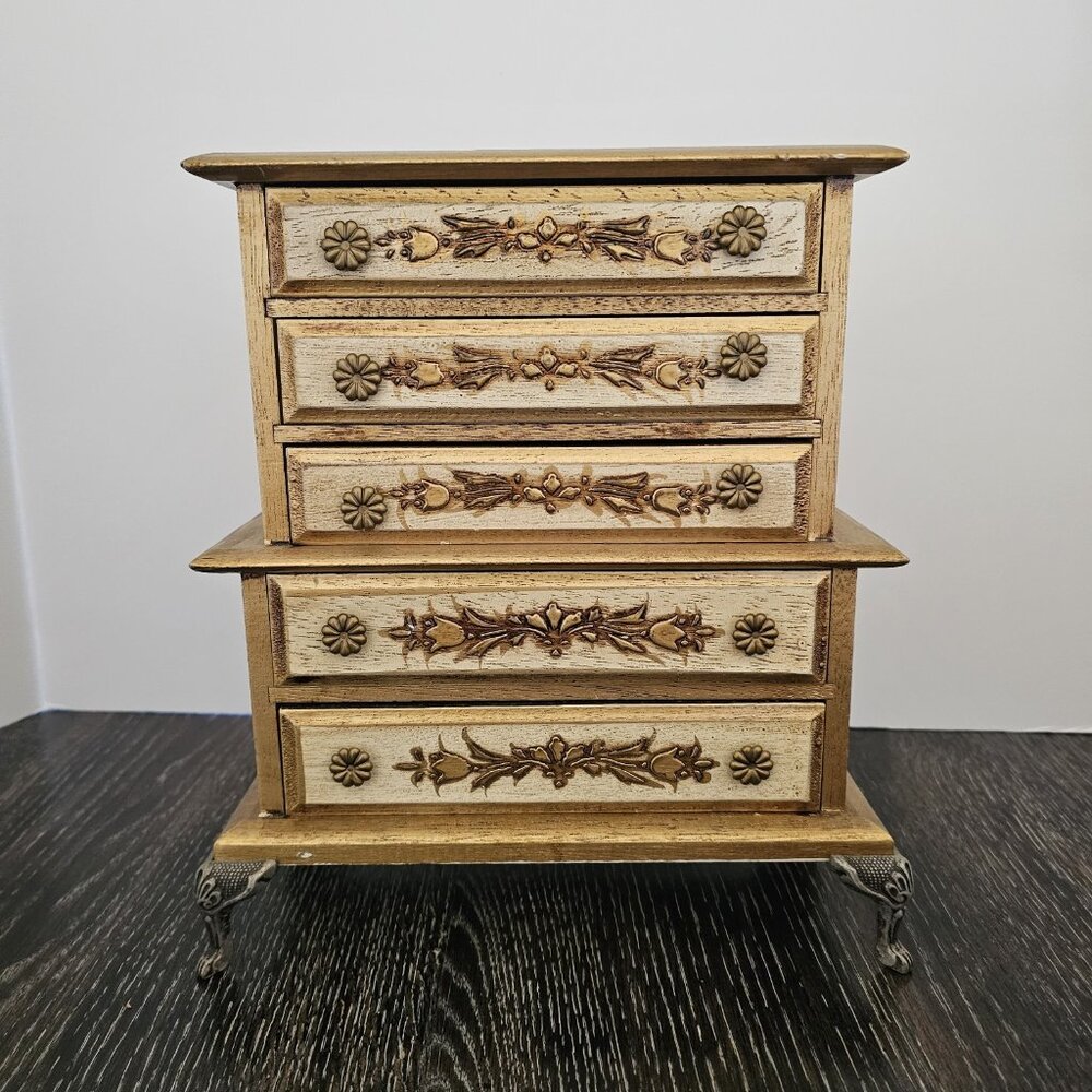 Vintage Florentine Painted Wood Jewelry Music Box 5 Drawer Claw Feet Gold Gesso